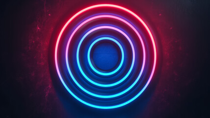 Obraz premium Isolated neon lines forming concentric circles on a dark gradient background red and cyan spotlights illuminating the rings 