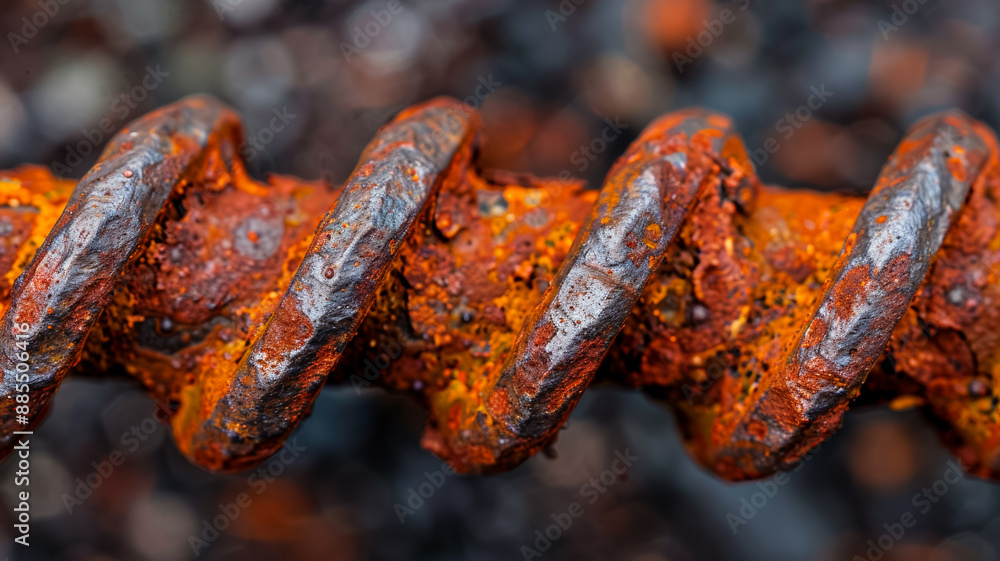 Poster macro of corroded iron bolt with detailed rust patterns and rich earthy colors