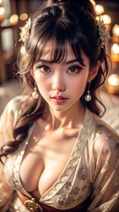 Fototapeta premium Portrait of a young Asian woman with long dark hair wearing a golden dress with a low neckline