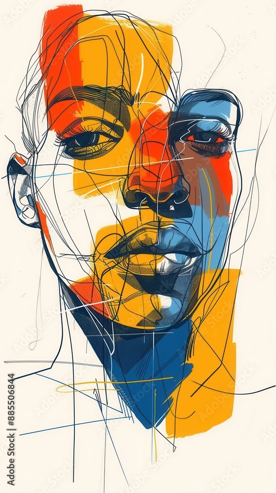 Poster simplistic abstract portrait of a person, using just a few wellplaced lines and colors to suggest fa