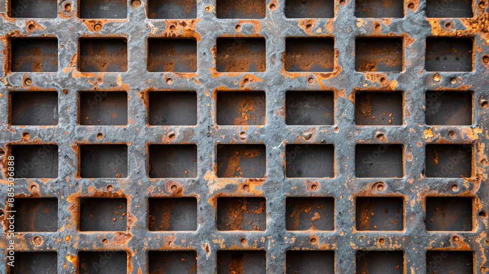 Poster metal background with a grid pattern and rust spots industrial style dark gray and brown tones