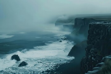 moody icelandic coastline shrouded in ethereal morning mist jagged cliffs emerging from fog turbulent sea crashing against rocky shore atmospheric and cinematic