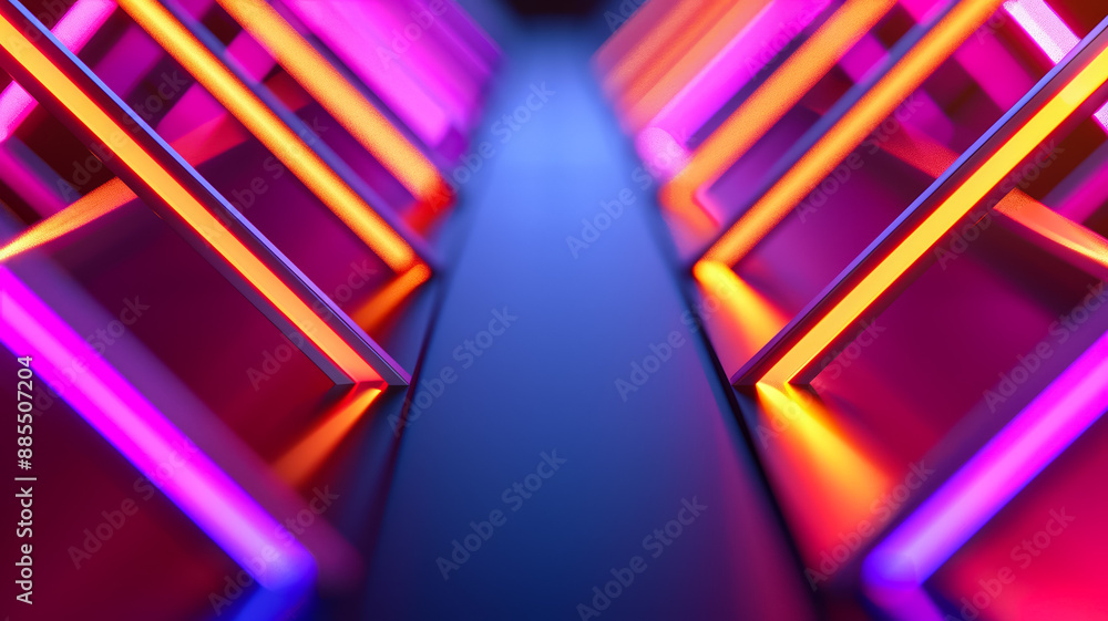 Poster neon lines forming a lattice on a dark background orange and purple spotlights emphasizing the struc