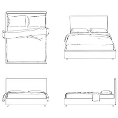 Vector Line Art of Bed. Interior Design and Bedroom Decoration Concepts with Front, Side, and Top Views