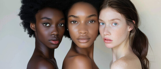 Obraz premium Three women exhibit natural beauty and unity through their diverse appearances, posing closely for a serene and harmonious portrait.