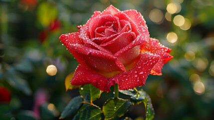 Close-up of a Vibrant Red Rose with Dewdrops in a Garden at Sunrise