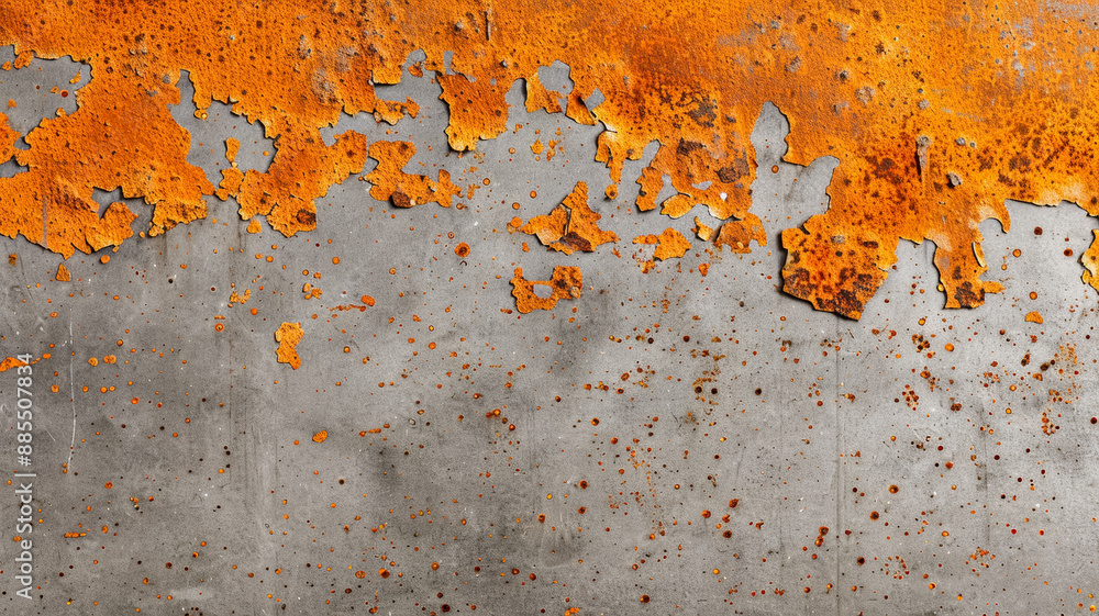 Poster rusty zinc surface with patches of bright orange rust and gray background showcasing unique texture