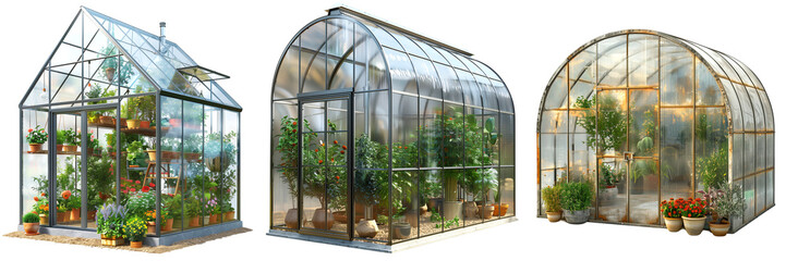 Fototapeta premium Set of 3 Realistic Garden Greenhouse on a transparent background, garden thighs, plantation, garden tools, equipment, digging, weeding, planting, DIY, png file, cut off bg, alpha channel, 300 dpi