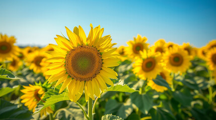 Field of Sunflowers with Bright Yellow Petals under a Clear Blue Sky