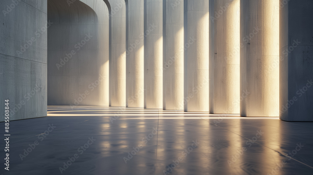 Poster wall with light creating a ripple effect organic architecture style soft gray tones