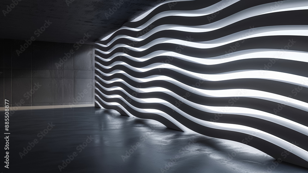Poster wall with light creating a ripple effect organic architecture style soft gray tones