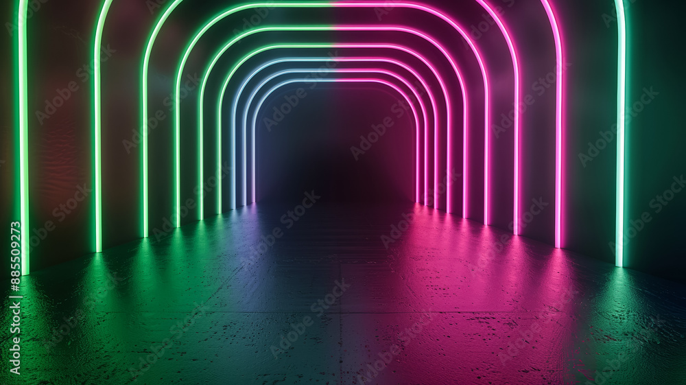 Canvas Prints Wide angle shot of neon lines creating a tunnel effect on a dark background green and pink spotlights enhancing depth 