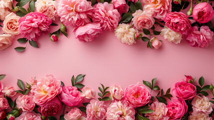 pink rose and peony flowers on pink background with copy space