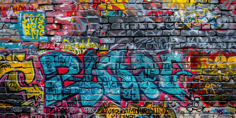 Graffiti-Covered Walls: Vibrant tags and political messages scrawled across a brick wall.