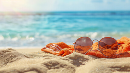 Bask in the sunny vibes with this scene of sunglasses resting on a sandy beach. The reflective lenses capture the shimmering ocean waves and bright blue sky, epitomizing the essence.