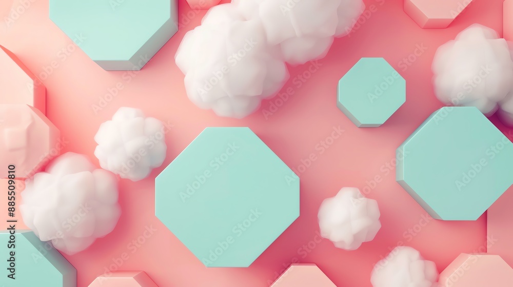 Poster abstract pastel 3d geometric shapes with fluffy clouds creating a dreamy and surreal background. mod