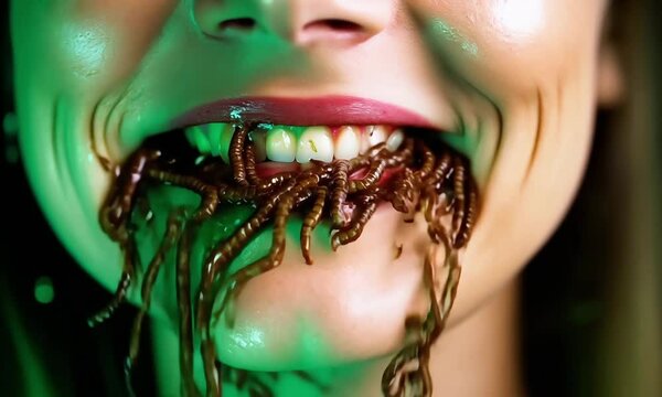 Woman with worms coming out of her mouth in a creepy setting. Halloween concept

