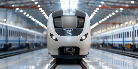 Highspeed train parked in an industrial maintenance depot as seen from the front. Concept Industrial Train Maintenance, Highspeed Train, Depot Scene, Front View Photography