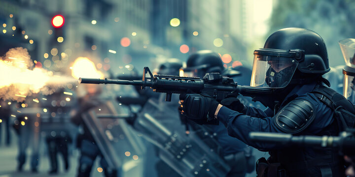 Rubber Bullets Fired Into the Crowd: Police officers aiming and firing projectiles at the unruly mob.