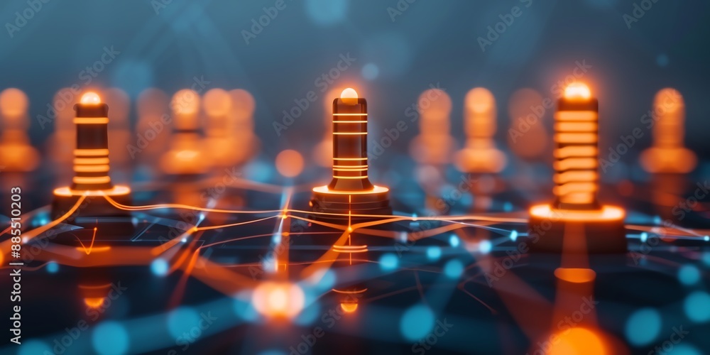 Poster futuristic glowing network components connected by neon lines, illustrating advanced technology and 