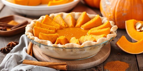 Homemade pumpkin pie with fresh pumpkin slices and spices, perfect for autumn and Thanksgiving. Warm and cozy dessert image.