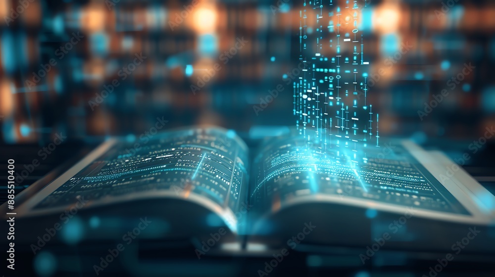 Poster open book with glowing digital data, representing knowledge transformation in the digital age. futur