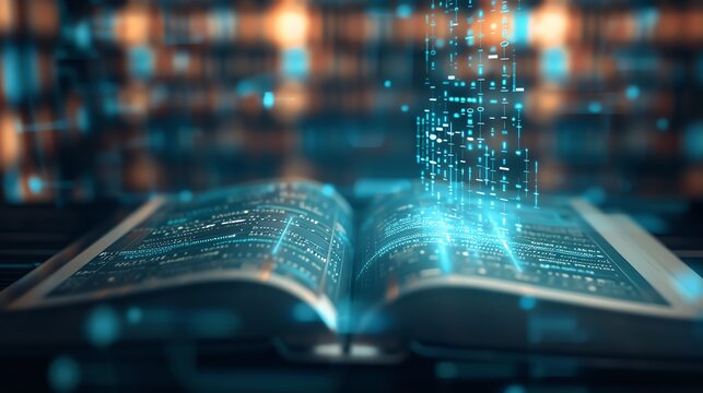 Open book with glowing digital data, representing knowledge transformation in the digital age. Futuristic concept.