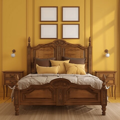  traditional wooden bed with brown pillows and bedside cabinets against yellow wall with posters frames 