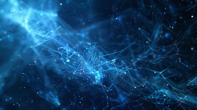 line-based visualization: Dark blue background, Complex lighttrajectories, Manifest the Al era, Glowing linesParticles, sparkle,ray tracing, speed lines,vignetting,panorama,glow on translucent backgro