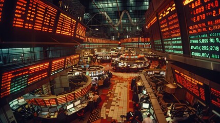 Obraz premium A bustling stock exchange trading floor with traders in action, multiple computer screens displaying real-time market data and charts, and a large digital stock ticker wrapping around the room.