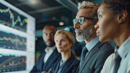 A group of diverse business professionals in a modern office discussing investment strategies with a large screen displaying stock market data in the background.