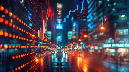 A conceptual image of a digital stock market interface superimposed over a cityscape at night, illustrating the integration of technology and finance.