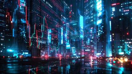 A conceptual image of a digital stock market interface superimposed over a cityscape at night, illustrating the integration of technology and finance.