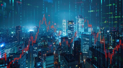 A conceptual image of a digital stock market interface superimposed over a cityscape at night, illustrating the integration of technology and finance.
