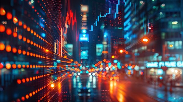 A conceptual image of a digital stock market interface superimposed over a cityscape at night, illustrating the integration of technology and finance. - Powered by Adobe
