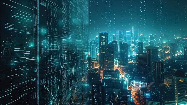 A conceptual image of a digital stock market interface superimposed over a cityscape at night, illustrating the integration of technology and finance.