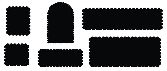 Scallop frame. The outline of the lace edges of the borders of the elements. Design vector collection of isolated geometric shapes of circles, ovals and rectangles on a white background.