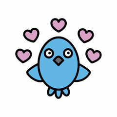 Doodle bird surrounded by doodle hearts, white background