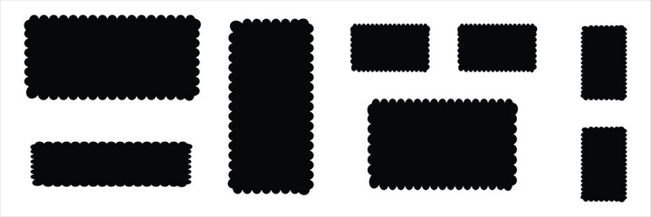 Scallop frame. The outline of the lace edges of the borders of the elements. Design vector collection of isolated geometric shapes of circles, ovals and rectangles on a white background.