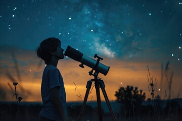 Person Stargazing with Telescope at Night