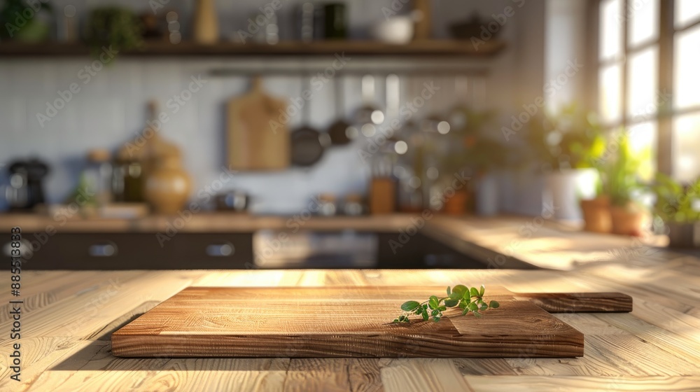 Sticker Kitchen interior with wooden cutting board and desk space in a blurred background