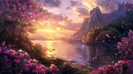Scenes showcasing the beauty of nature, such as blooming flowers, majestic landscapes, serene waterscapes, and stunning sunsets. Highlight the intricate details and colors of the natural world. 