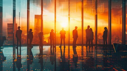 A diverse team of analysts in a modern office discussing market trends with a large window overlooking the financial district.