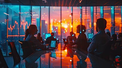 A diverse team of analysts in a modern office discussing market trends with a large window overlooking the financial district.
