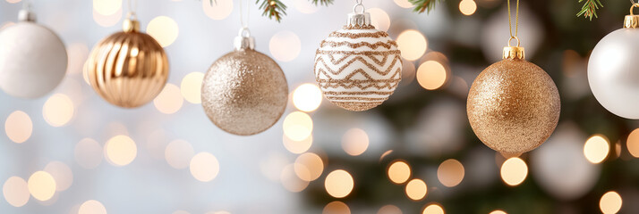 Gold and white Christmas balls with glitter hanging from a branch out of focus background with a festive glow 