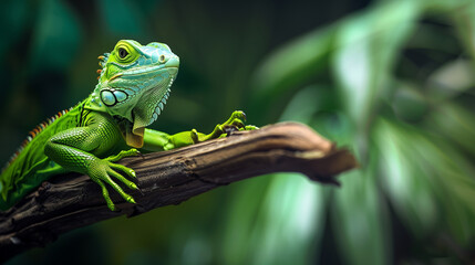 Fototapeta premium Green lizard or green iguana on a branch, copy space.