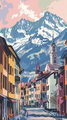 Naklejka premium poster ville de ChambÃ©ry en Savoie avec des montagnes eneigÃ©e, dans le thÃ¨me retro, pastel colors, 