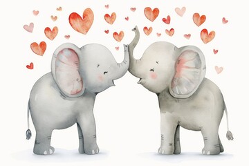 Obraz premium Adorable Watercolor Elephants Exchanging Hearts Illustration