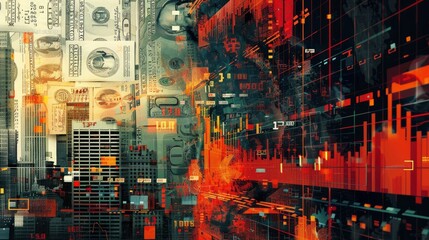 Obraz premium A creative collage of stock market symbols, dollar bills, and digital elements, representing the complexity of financial trading.