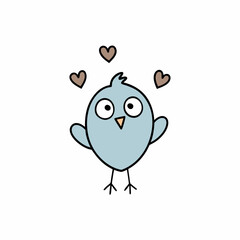 Doodle bird surrounded by doodle hearts, white background